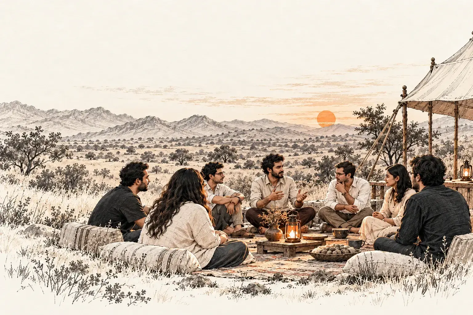 An illustrated group in conversation around low tables in a Rajasthan grassland landscape at dusk.