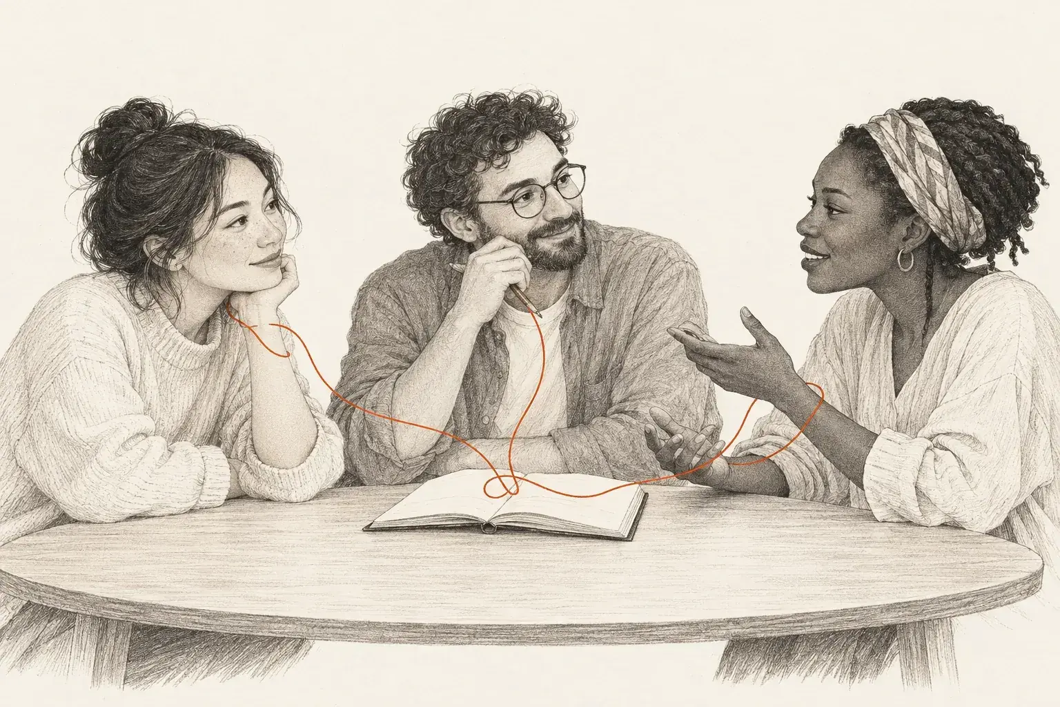 Three people share a conversation around an open notebook, joined by a single orange thread of attention.