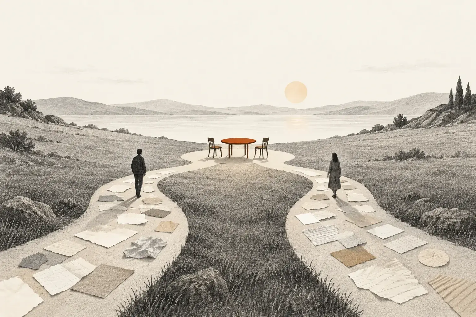 Two people follow different paper paths towards the same table, representing different histories arriving at a shared encounter.