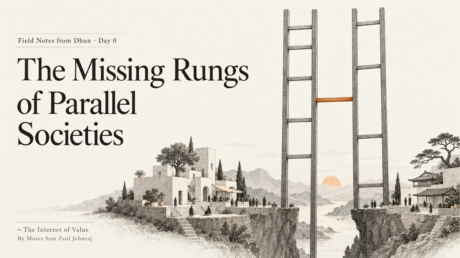 The Missing Rungs of Parallel Societies: two parallel rails with a single orange connecting rung, beside the article title and author credit.