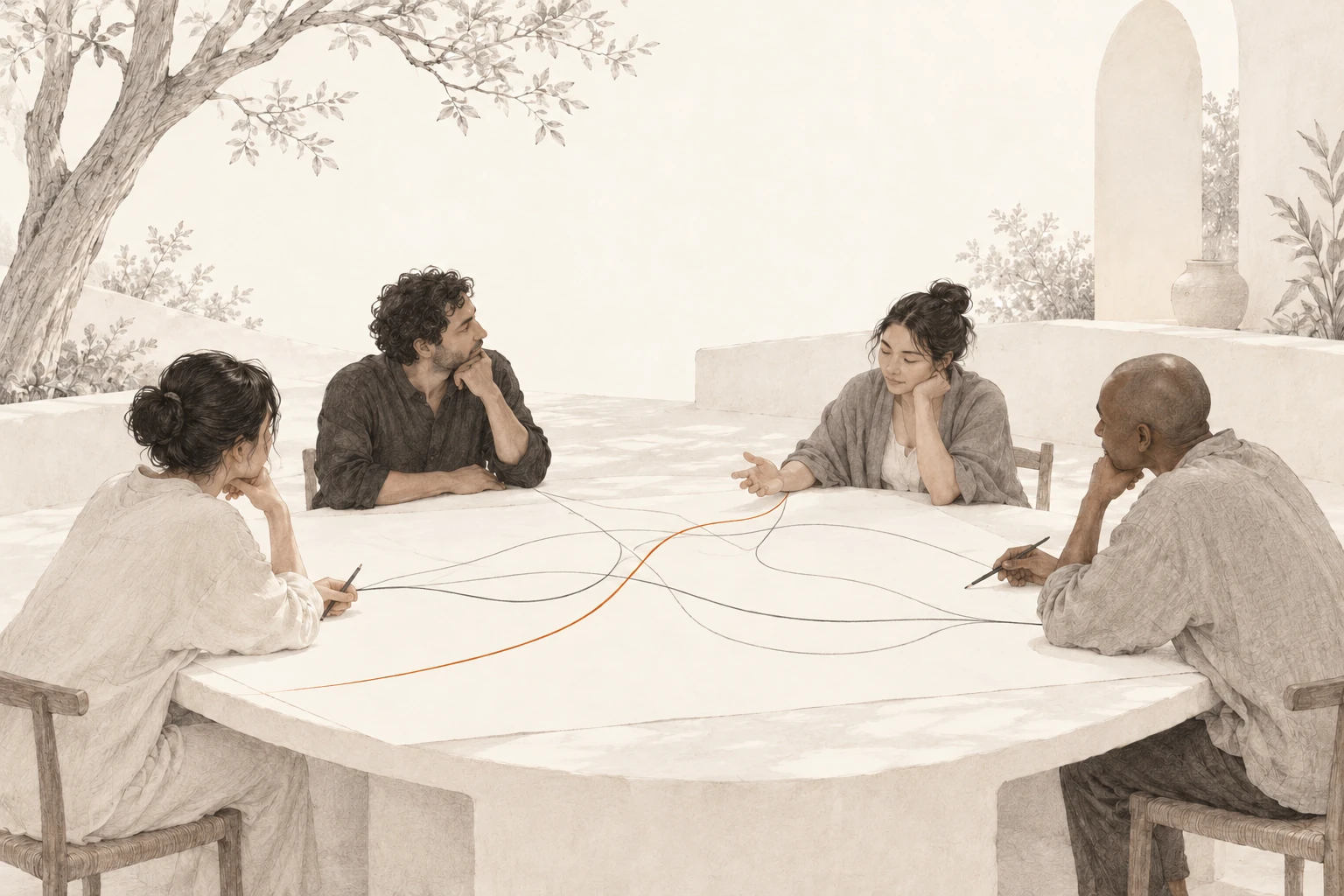 Four imagined people gather around a table where different drawn curves encounter one another.