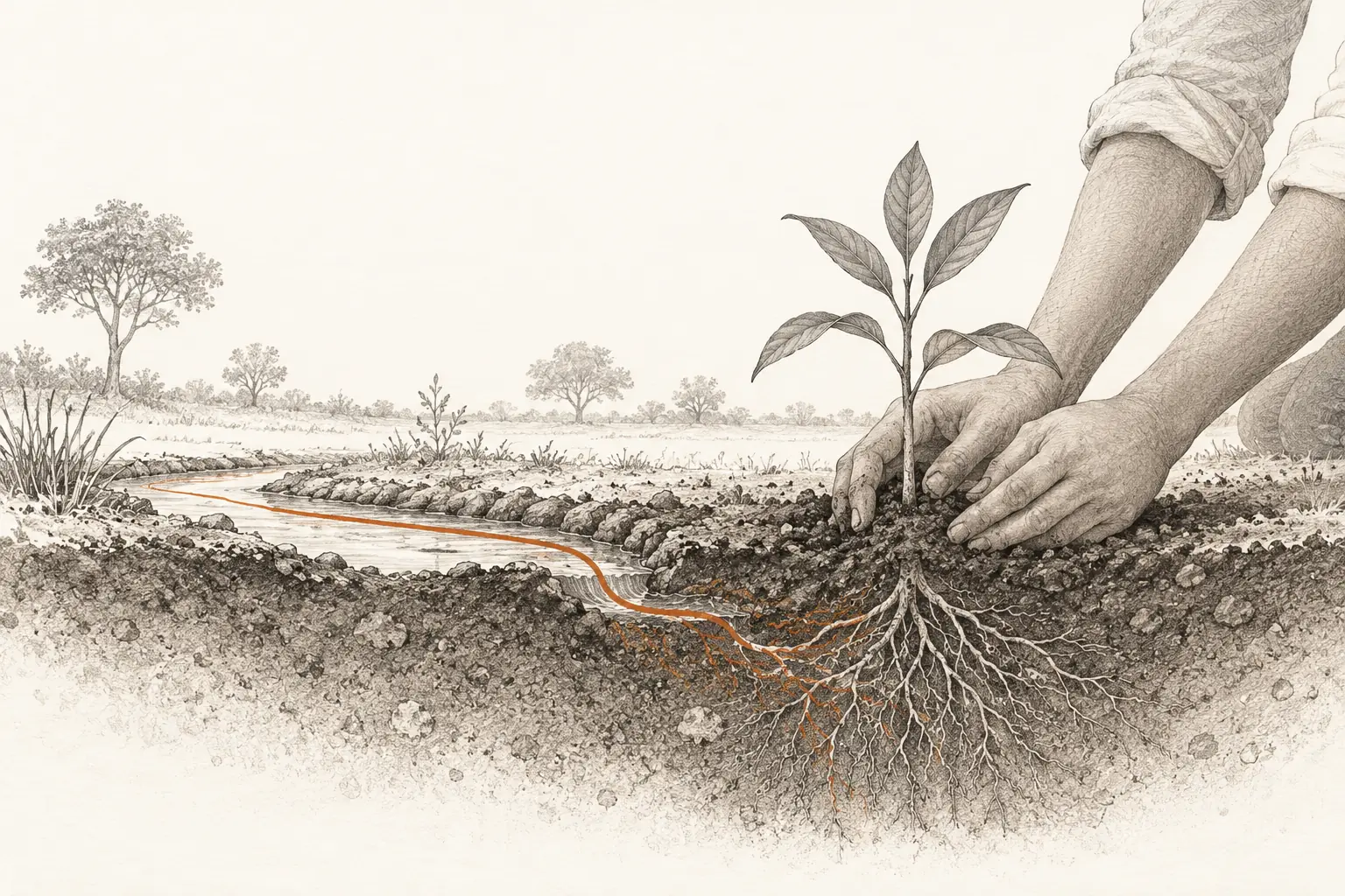 Imagined hands plant a sapling beside a small water channel, with a line following the water toward its roots.