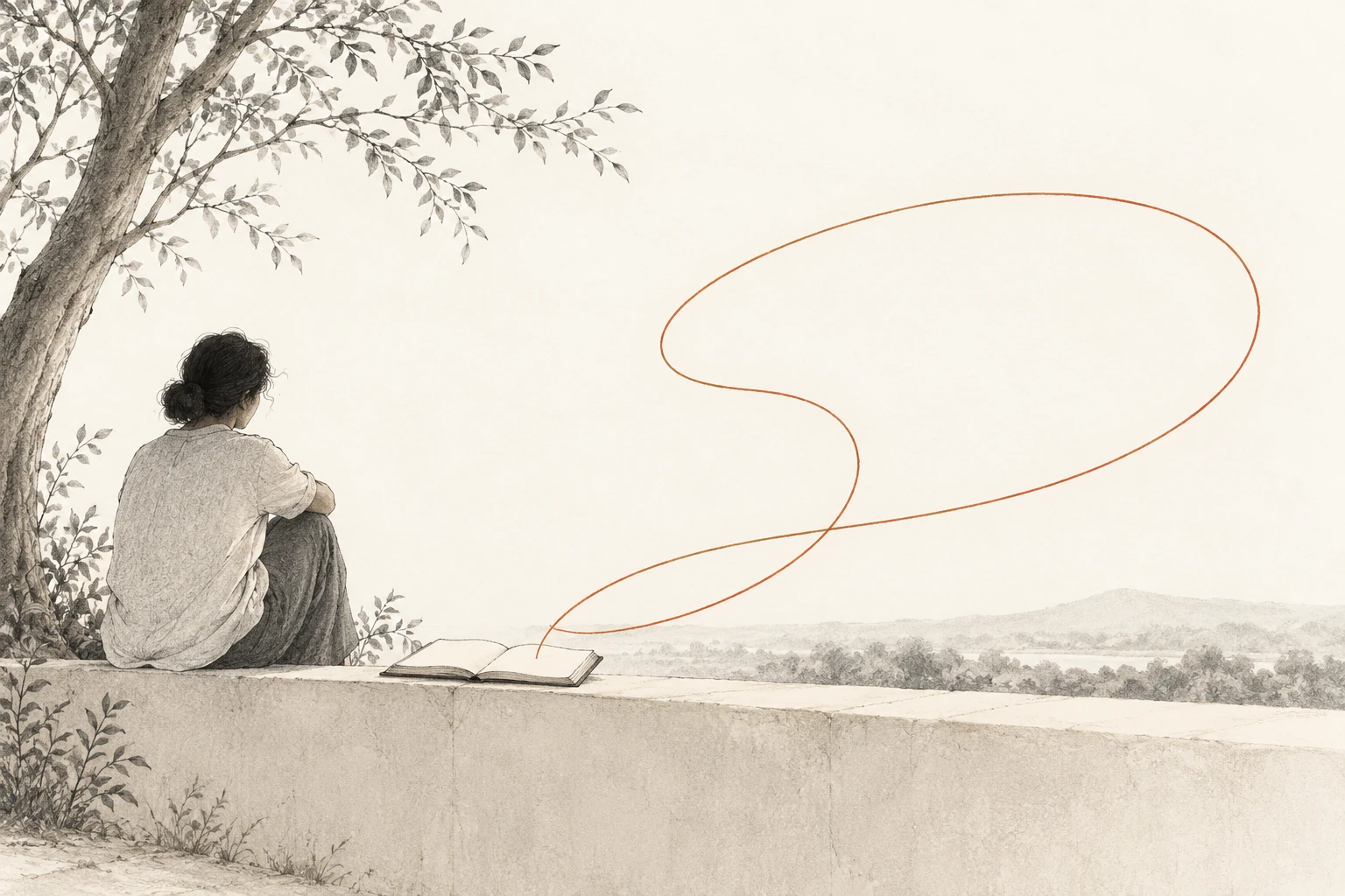 An imagined person sits beside an open notebook as a thin orange curve loops back toward it.
