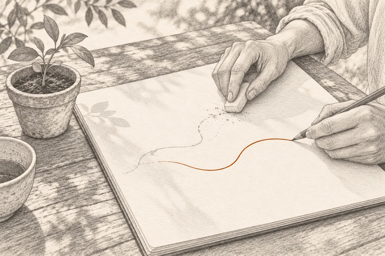 An imagined hand revises a route in a notebook beside a seedling, leaving the earlier pencil line visible.