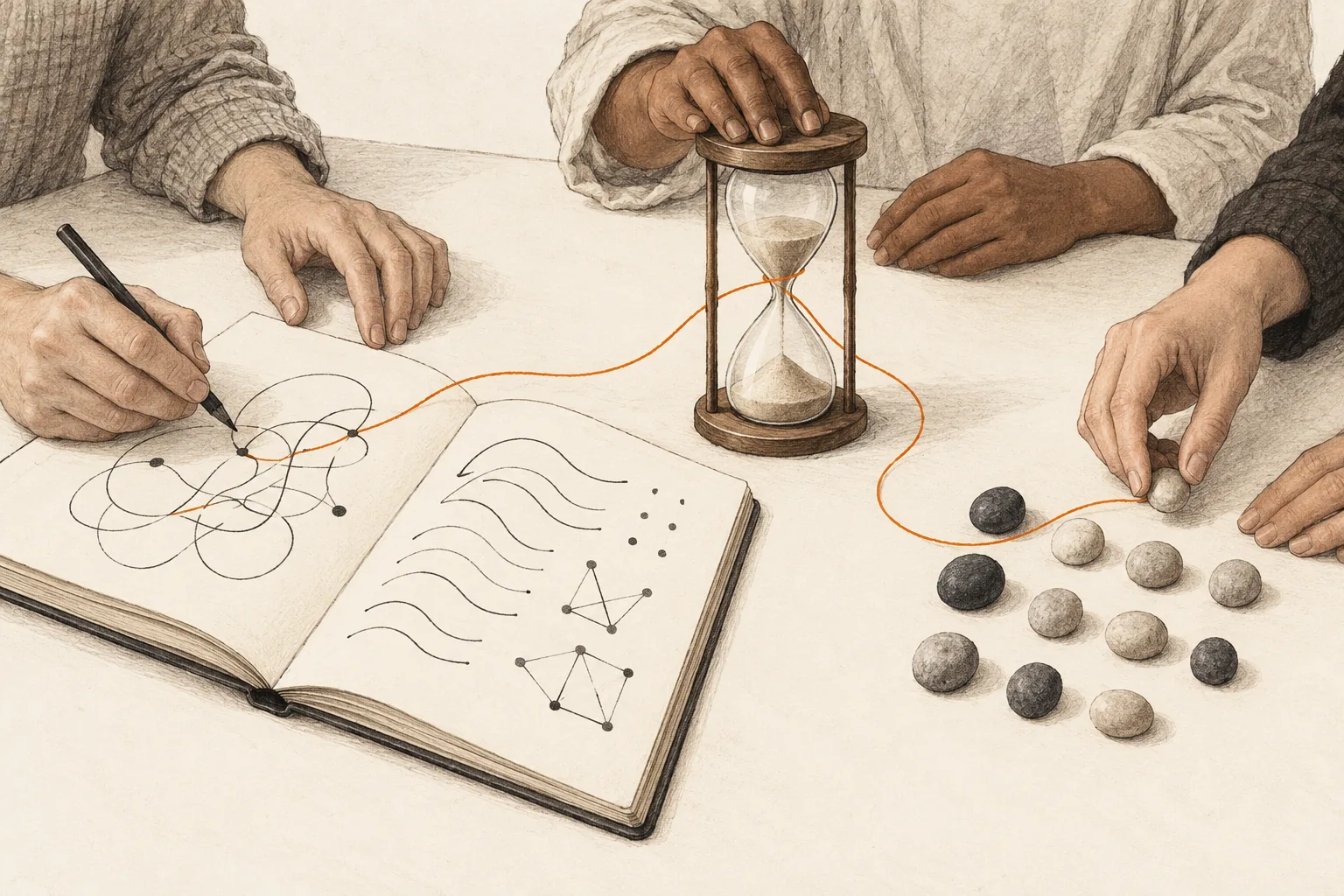 Imagined hands bring a notebook, an hourglass and counting stones to a shared worktable.