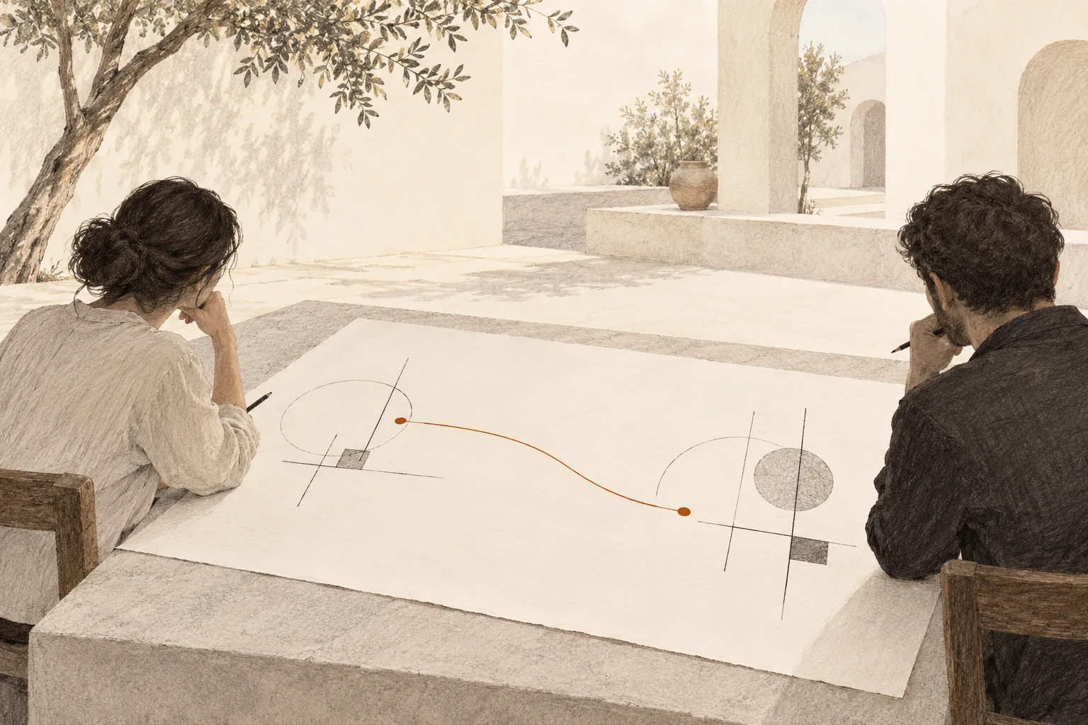 Two imagined people consider geometric marks on a shared sheet from different sides, joined by a thin orange line.