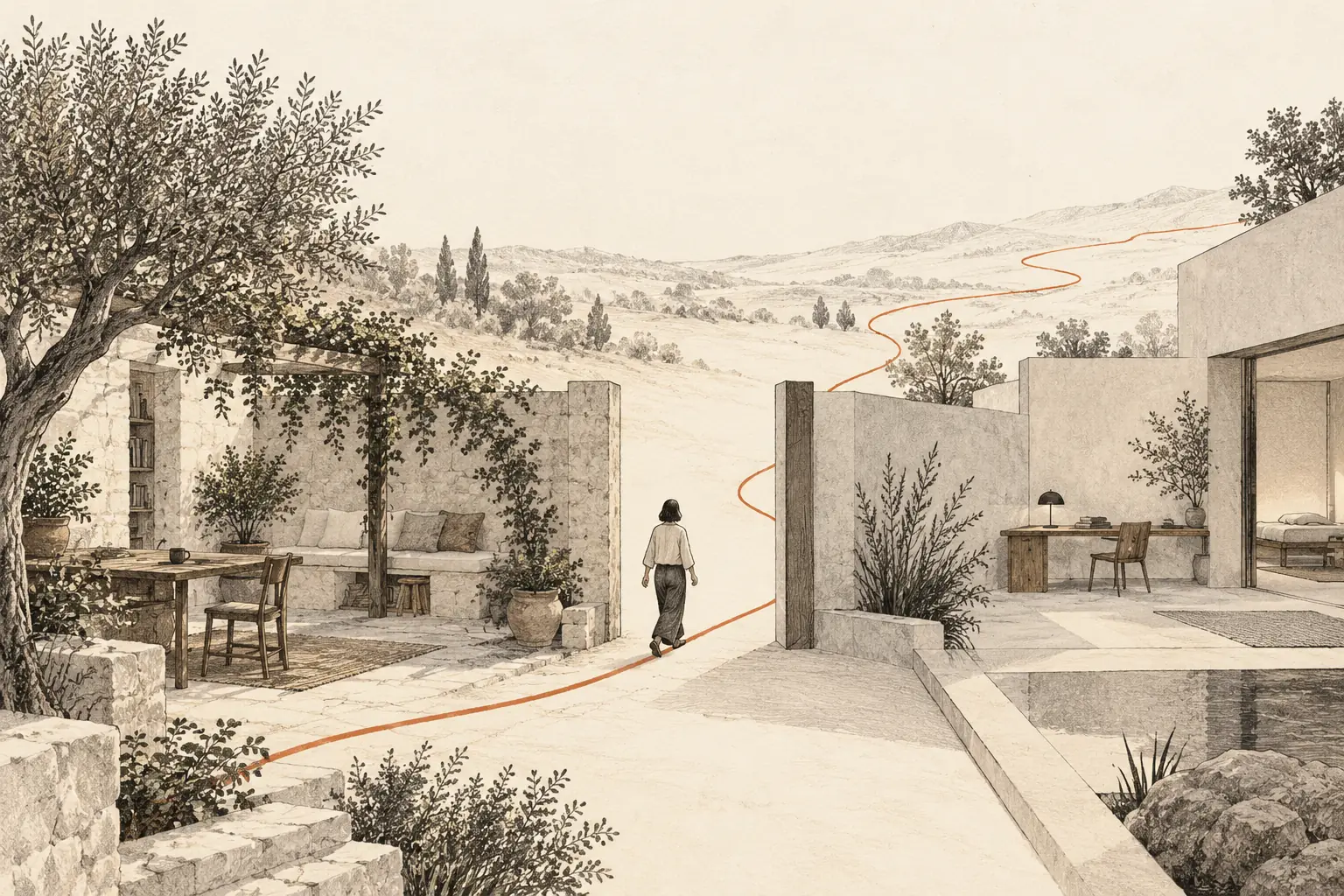 An imagined person crosses an open threshold between separate courtyards, following a path that continues into open space.