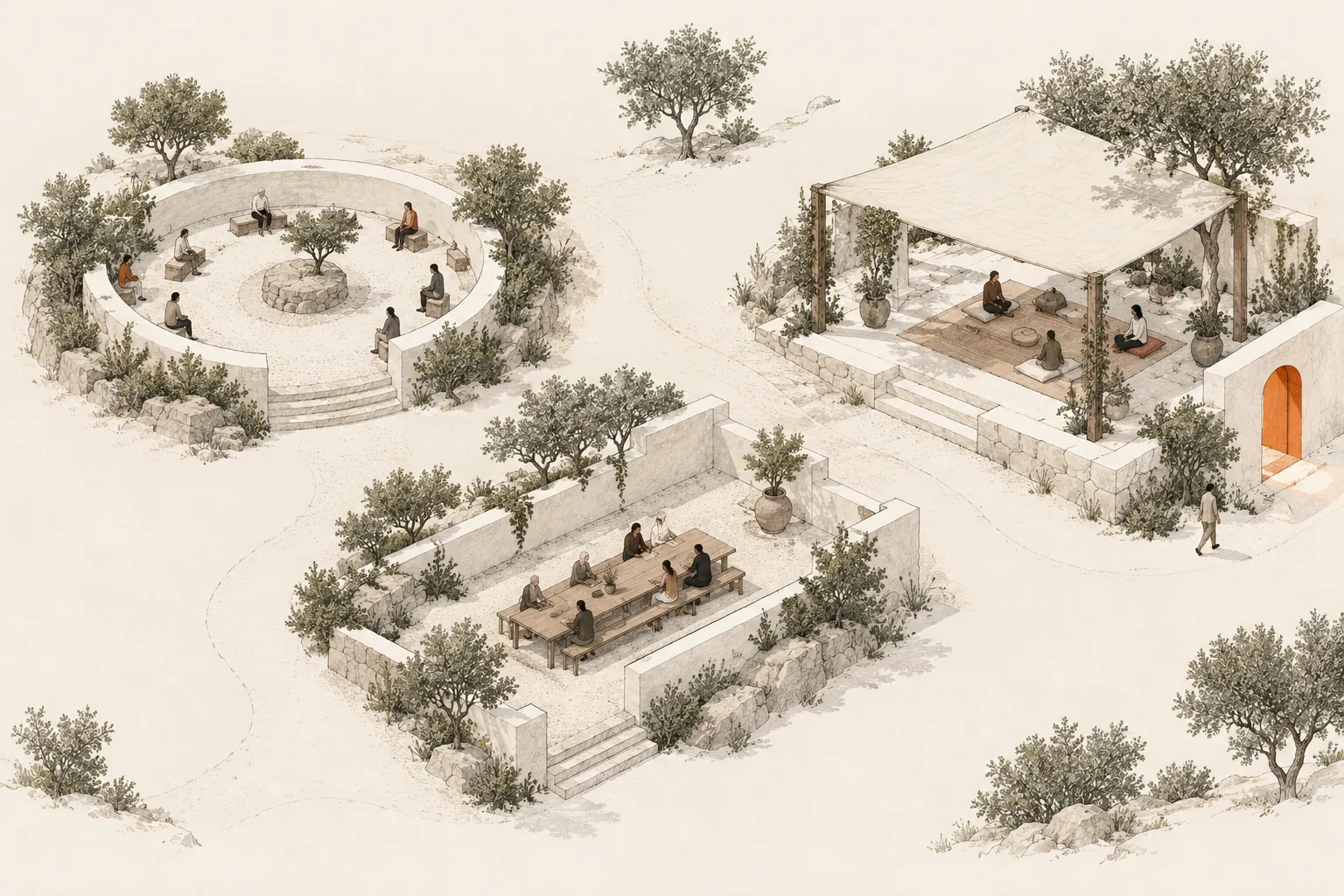 Three imagined courtyards use different arrangements for gathering, including a circle, a shared table and a shaded pavilion.