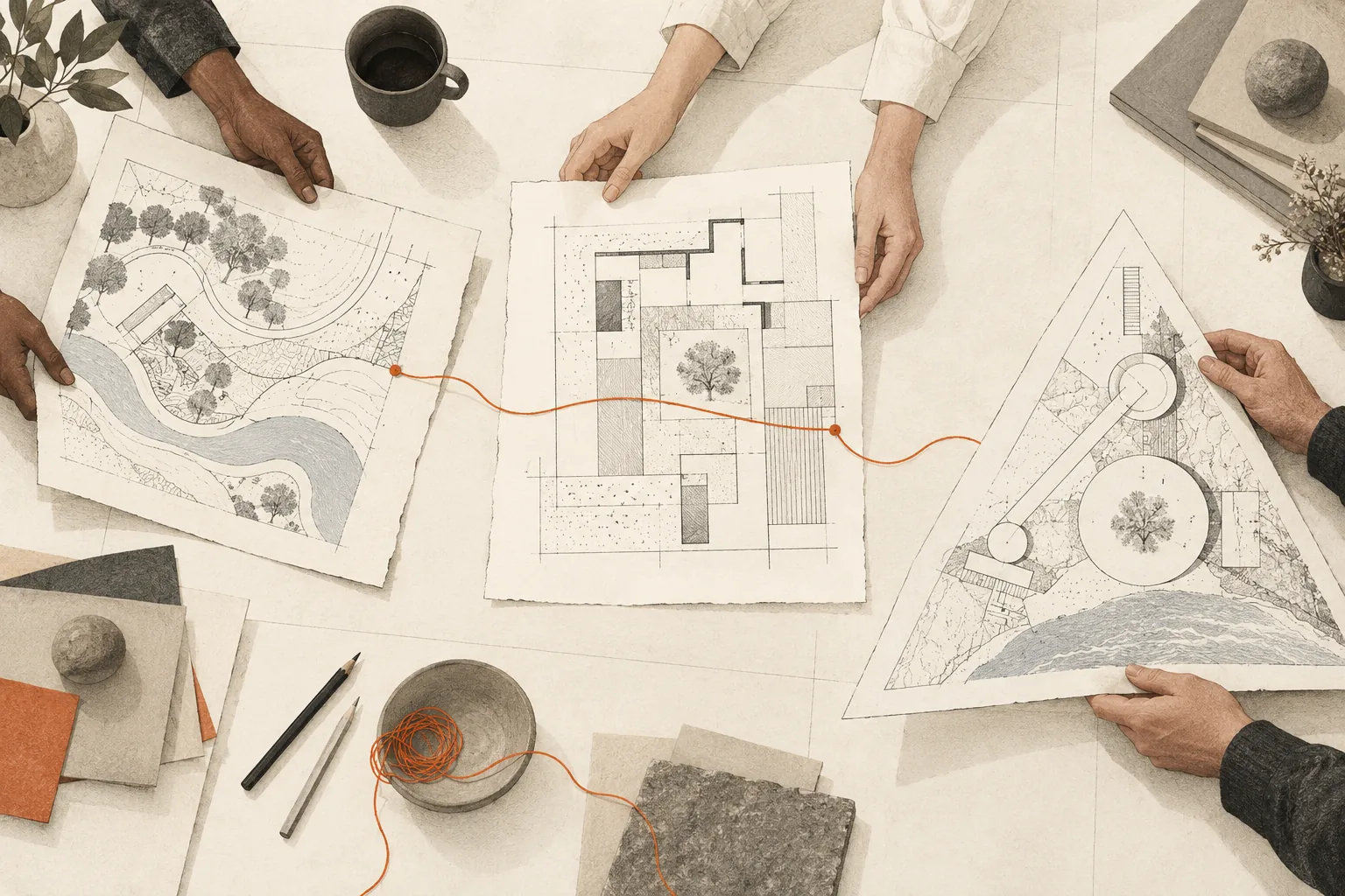 Different paper plans meet at a shared worktable, with an unfinished orange thread suggesting a possible common line.