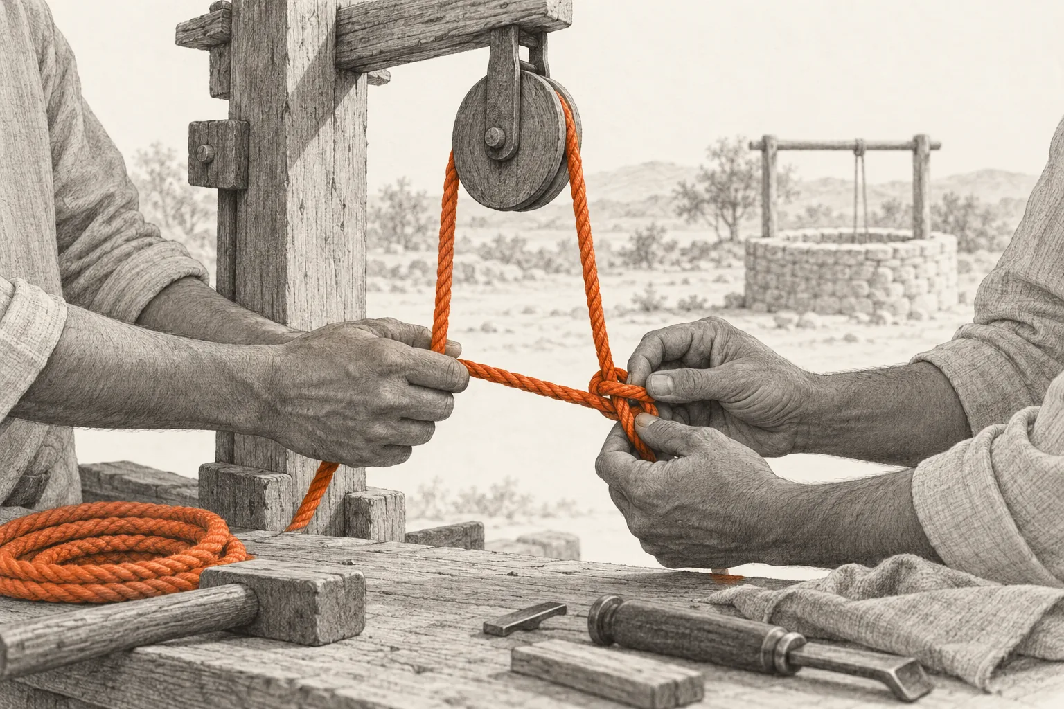 Imagined hands repair a rope-and-pulley mechanism together, suggesting maintenance and the sharing of practical knowledge.
