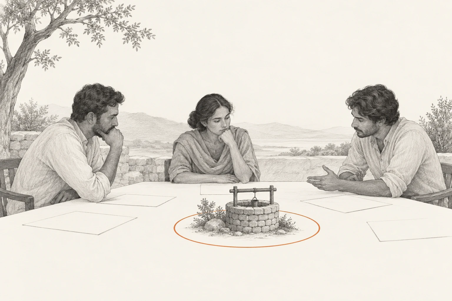 Three imagined people consider a well model and blank papers at a shared table, with one orange boundary around the model.