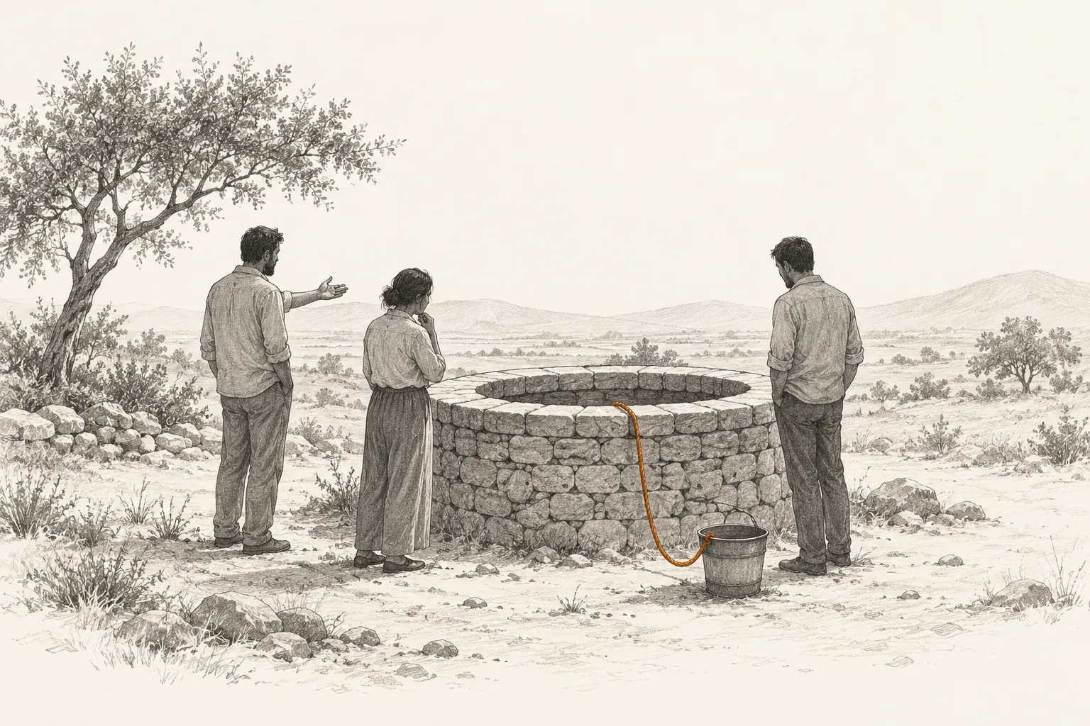 Three imagined adults consider a simple well, with one person gesturing toward the shared resource.