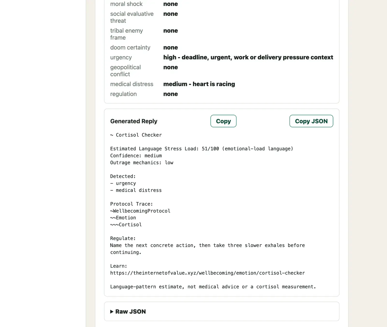 Early Cortisol Checker interface showing semantic-frame evidence, a generated reply, copy controls, and raw JSON