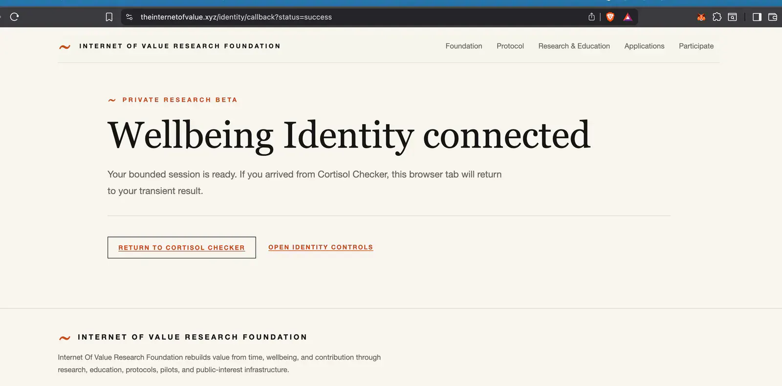 Successful Wellbeing Identity connection screen confirming that a bounded Word Wallet session is ready